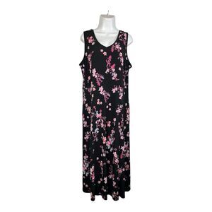 Woman Within Maxi Dress 18/20 Black Pink Floral V Neck Sleeveless Stretch Pocket